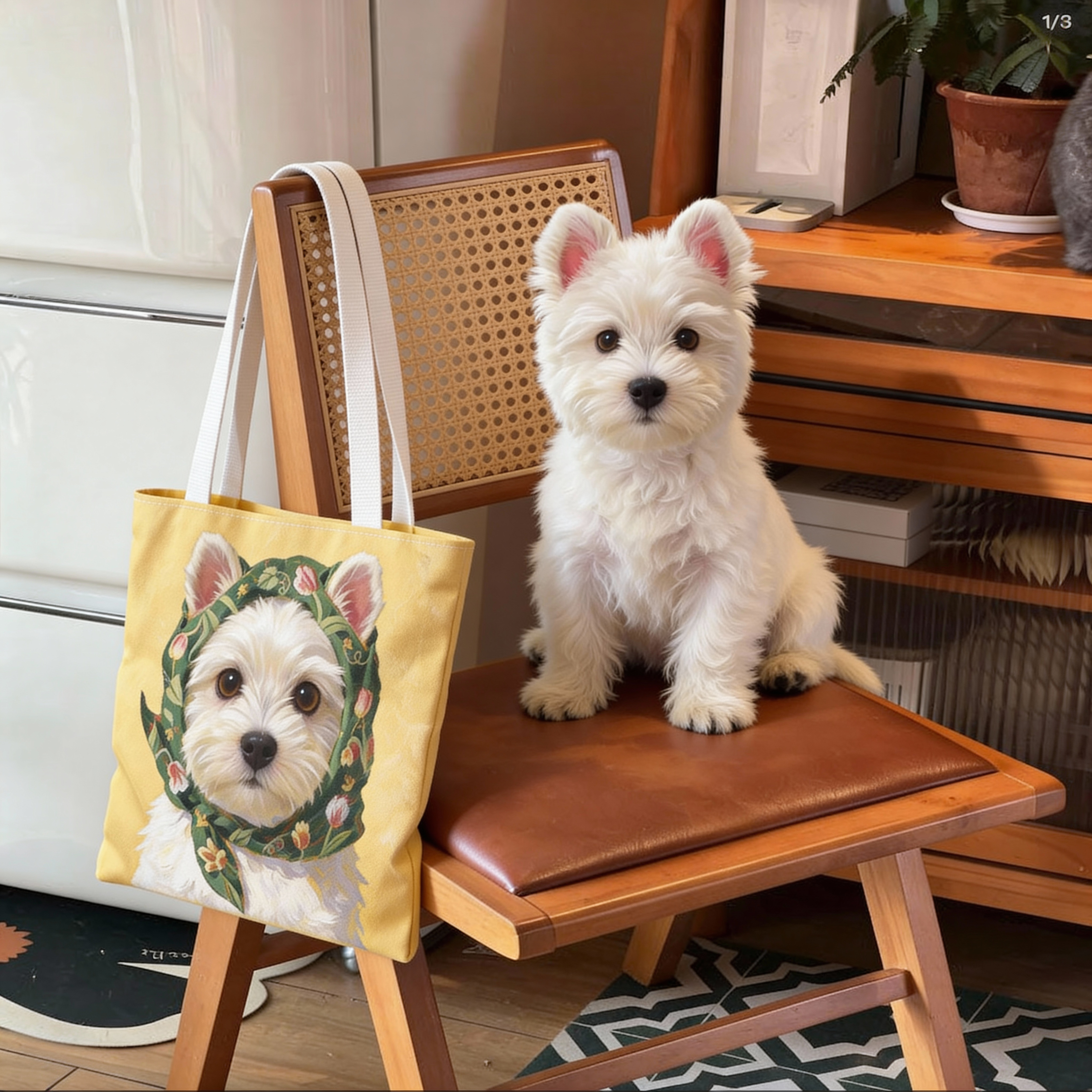 Personalized pet tote bag collection with custom pet portrait artwork for everyday errands and gifts.