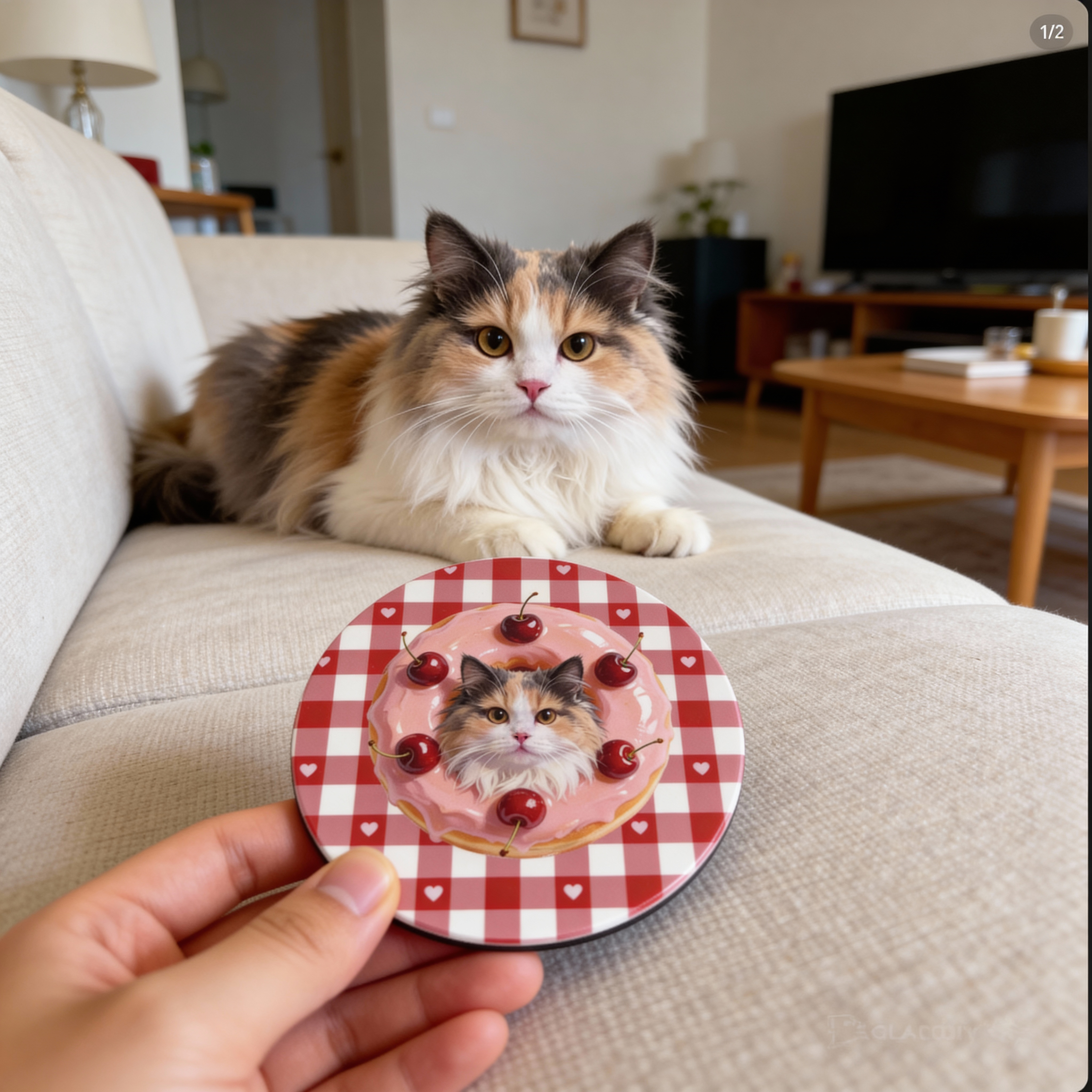 Personalized pet coaster collection with custom pet portraits for coffee tables, desks and gift giving.