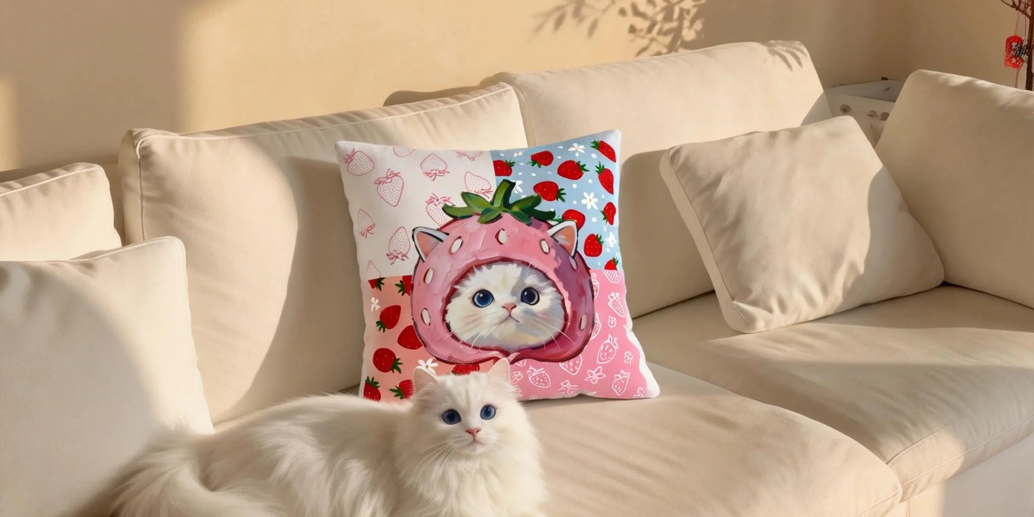 Personalized pet throw pillow collection with custom pet portrait artwork for sofa and bedroom décor.