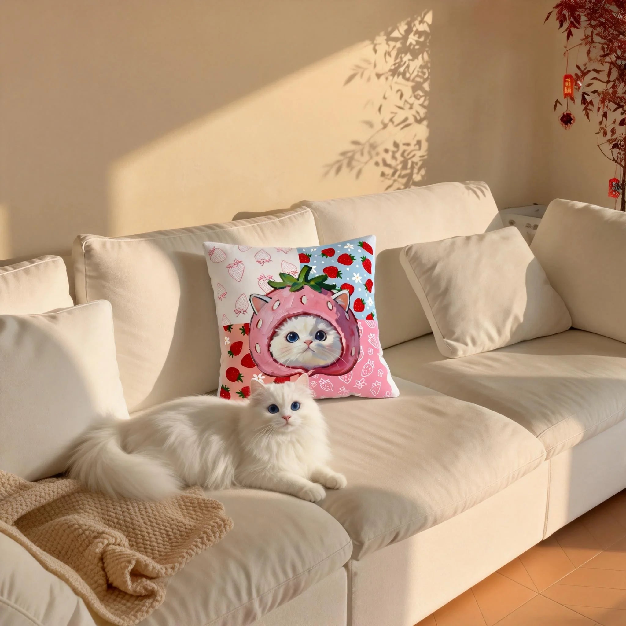 Personalized pet throw pillow collection with custom pet portrait artwork for sofa and bedroom décor.
