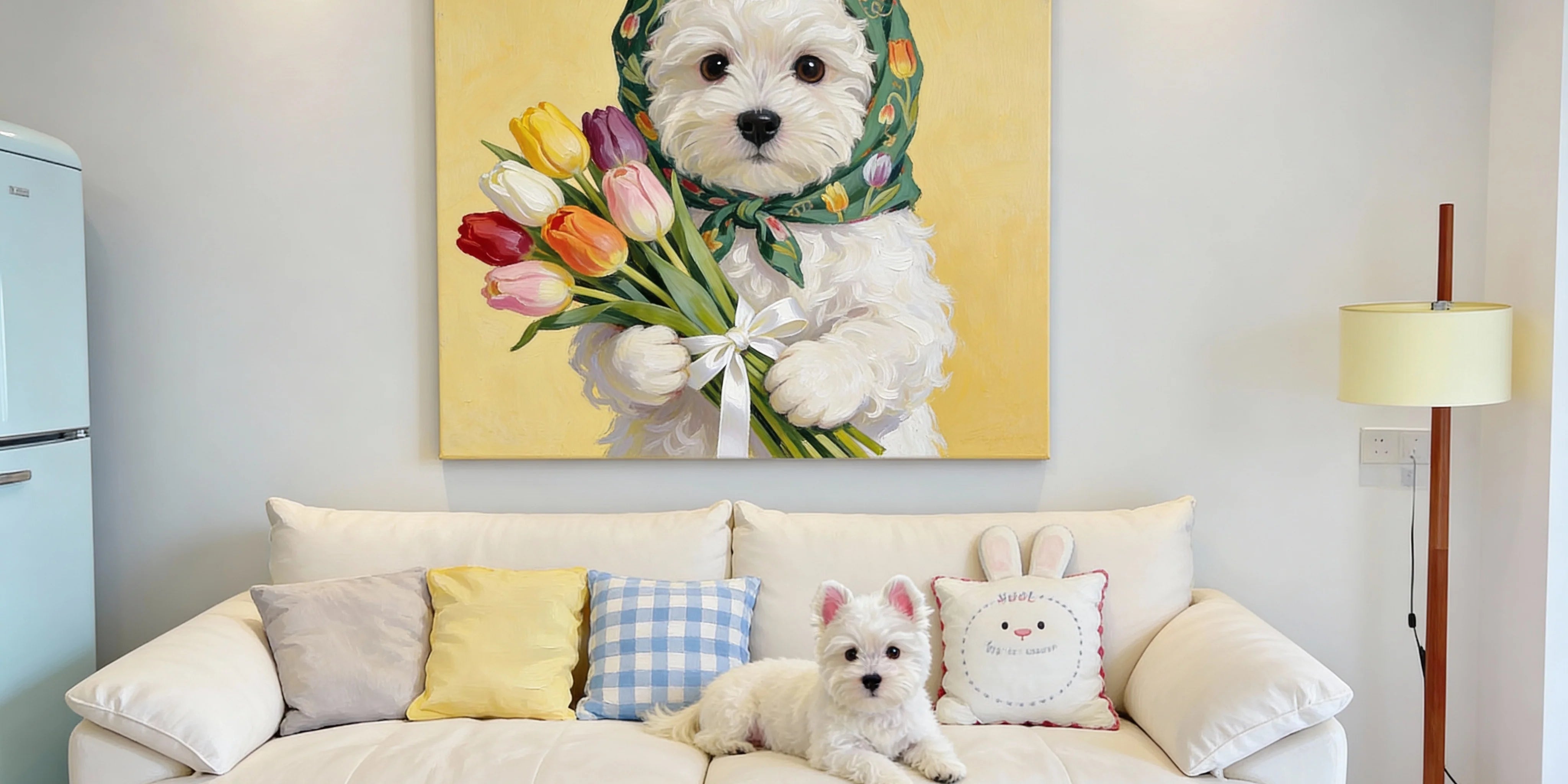 Fashion-style custom pet portrait gifts collection with personalized canvas, T-shirts, tote bags and lifestyle accessories.