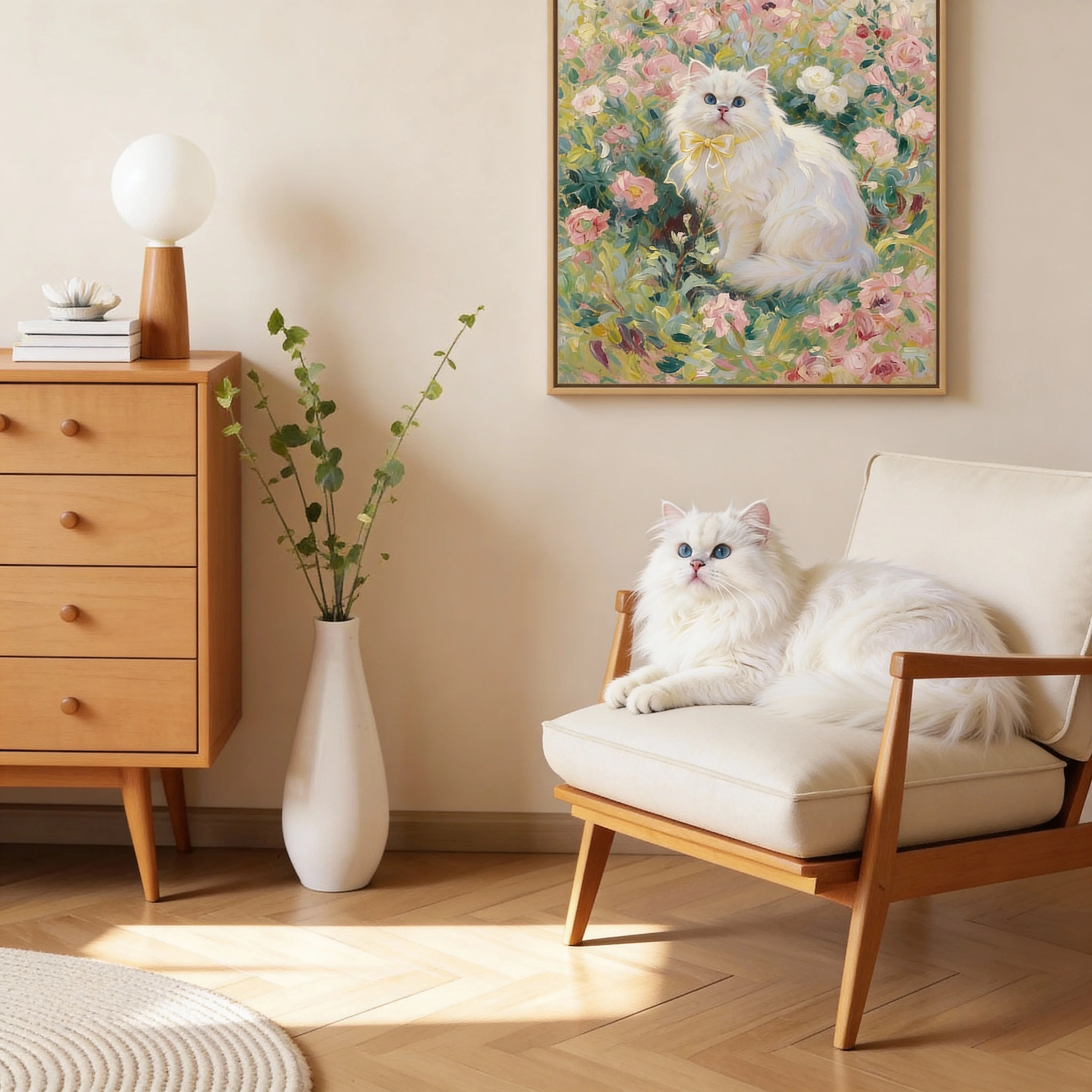 Floral custom pet portrait canvas collection with elegant flower-framed pet artwork for home décor and gifting.