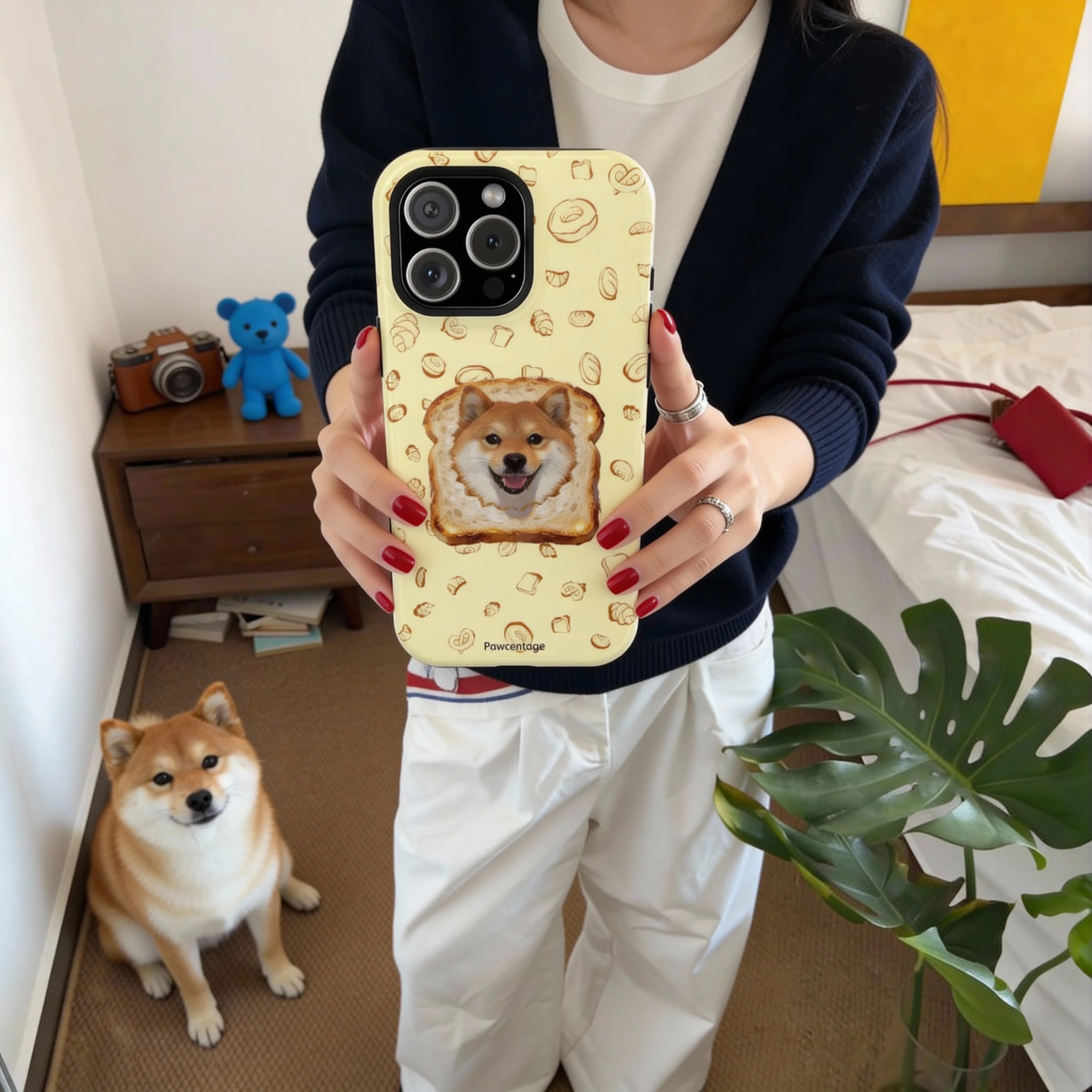 Personalized pet phone case collection with custom illustrated pet portraits on protective cases.