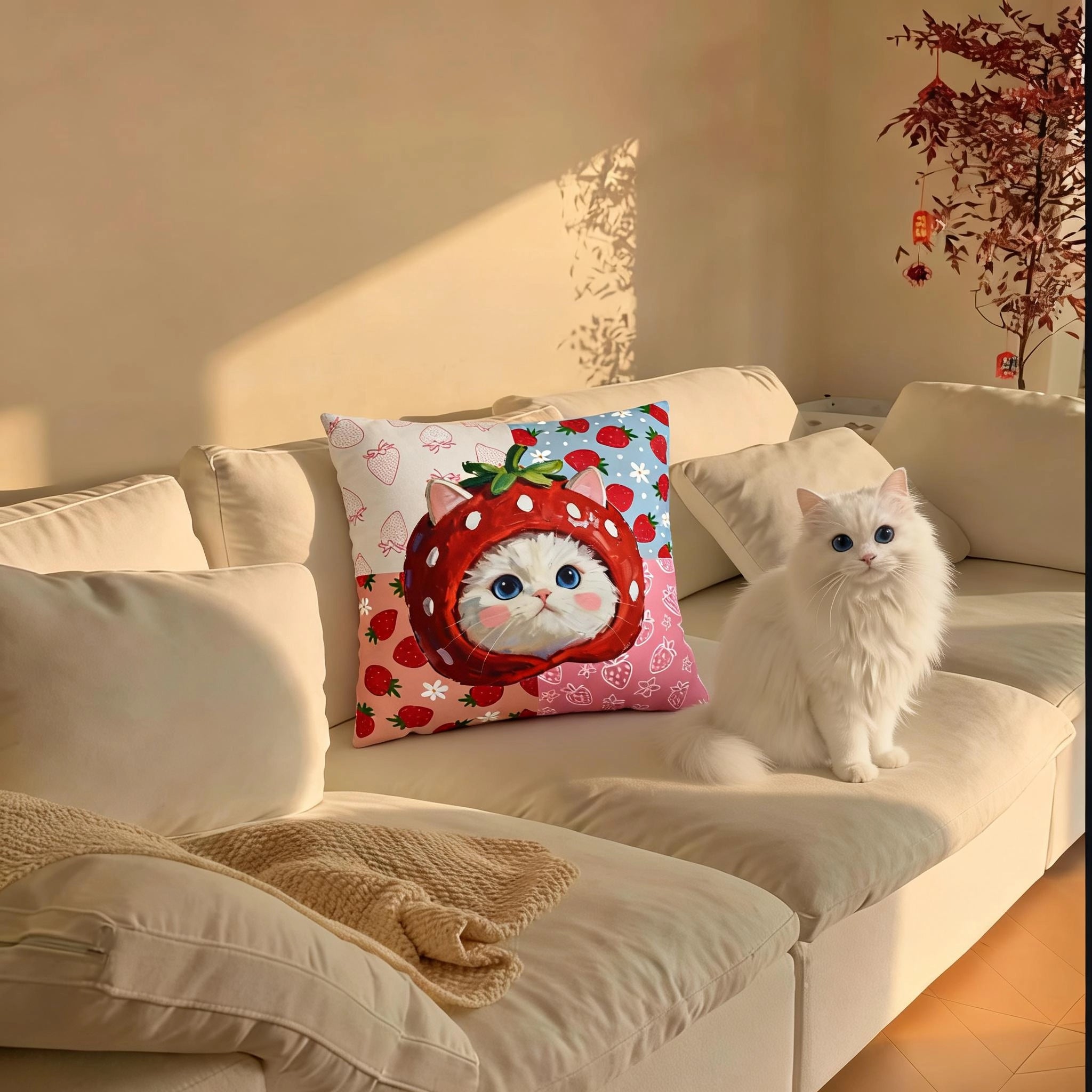 Custom Pet Portrait Pillowcase - 1:1 Personalized | Strawberry Theme